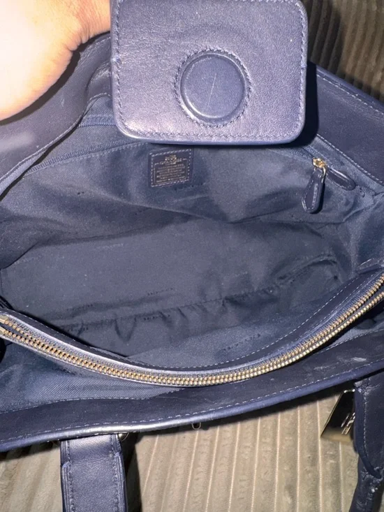 Coach Colorblock Taupe, Navy, and Lime Leather Satchel with Gold Hardware - Picture 7 of 7